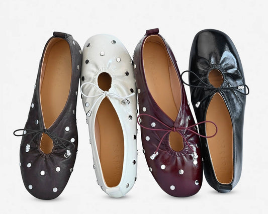 Studded Waxed Leather Bow Detail Ballet Flats