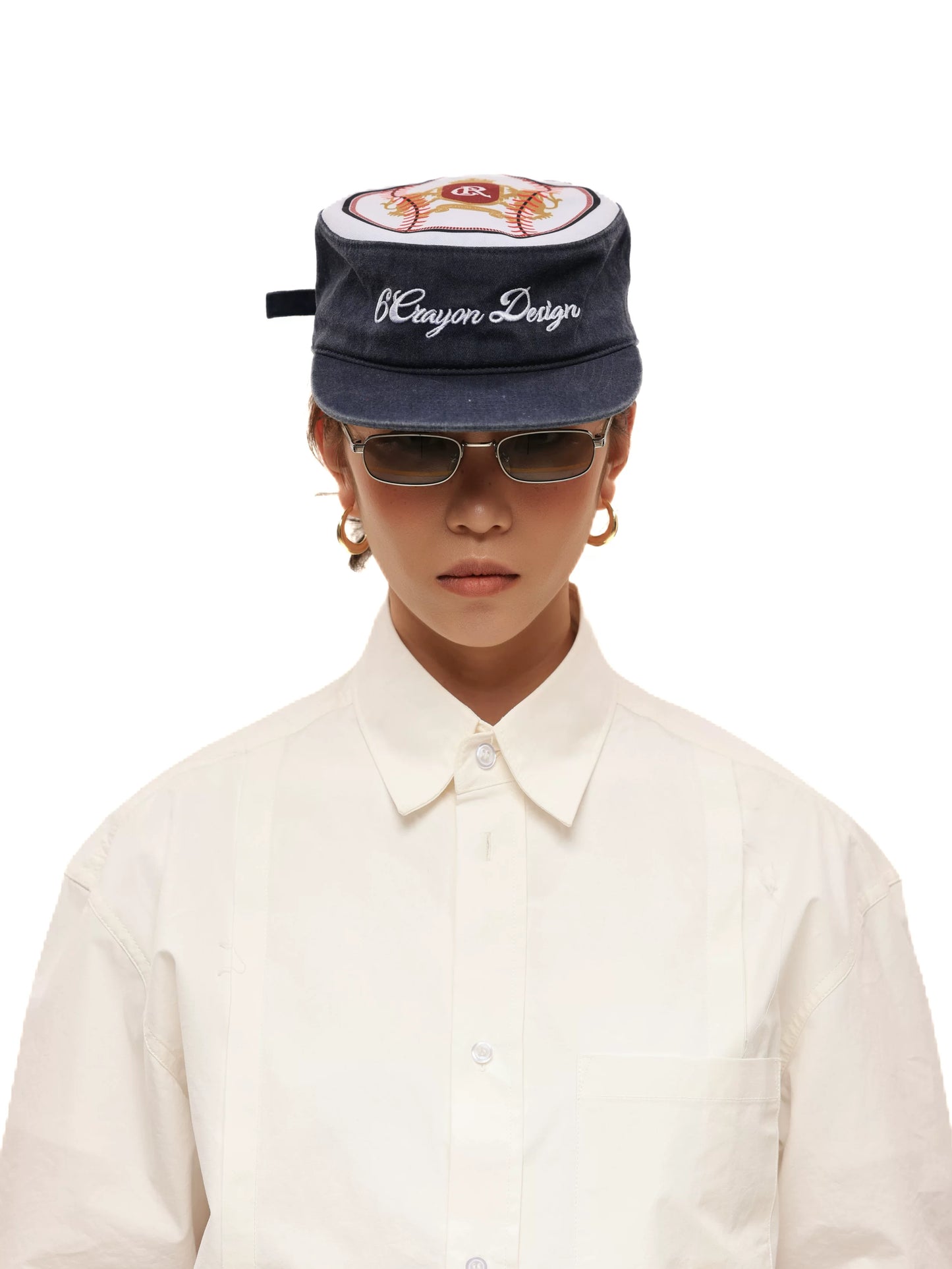 Washed Navy Embroidered Patchwork Flat Brim Baseball Cap