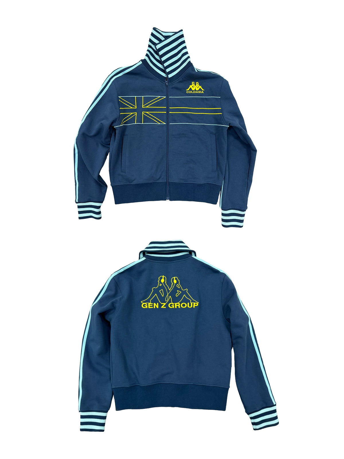 Navy track jacket, front and back views