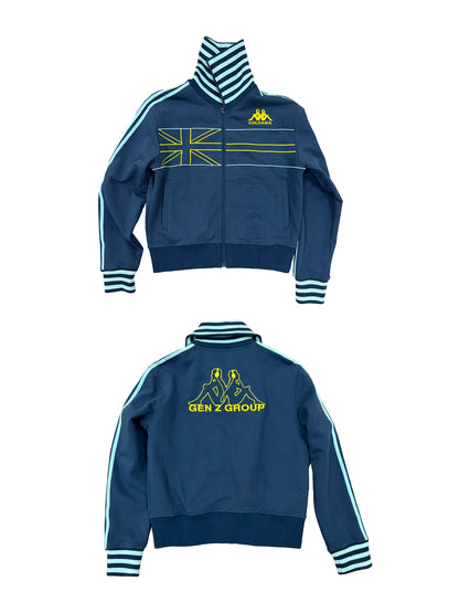 Navy track jacket, front and back views