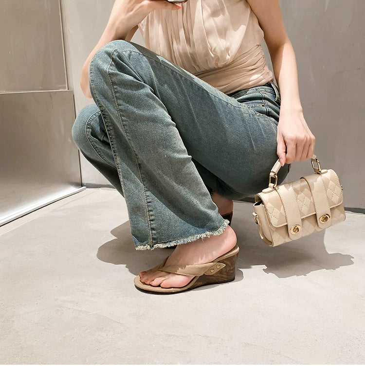 Women's Wood-Look Wedge Heel Thong Sandals