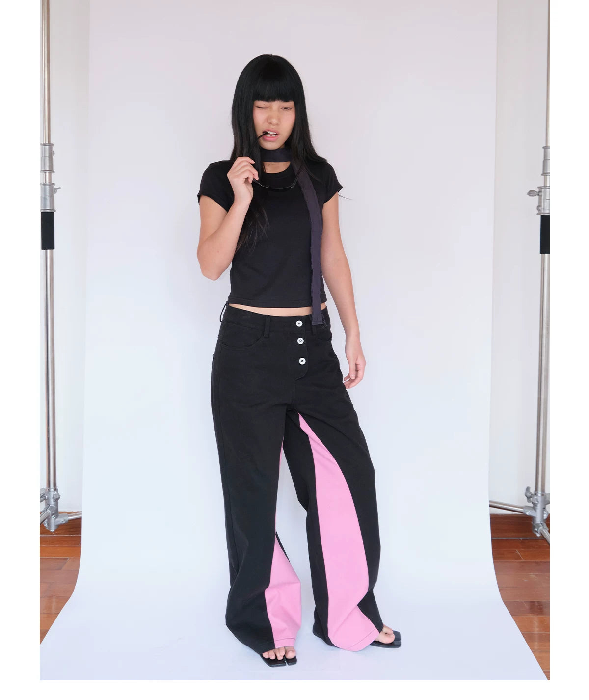 Contrast Panel Washed Wide-Leg Pants