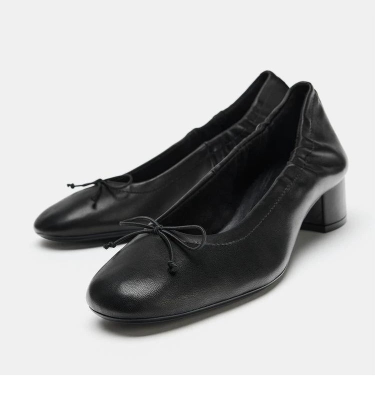 Women's Ruched Bow Block Heel Mary Jane Shoes