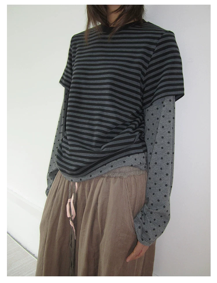 Grey Polka Dot Stripe Layered Long-Sleeve Tee