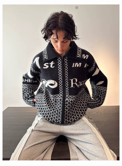 Black patterned cardigan worn from the front