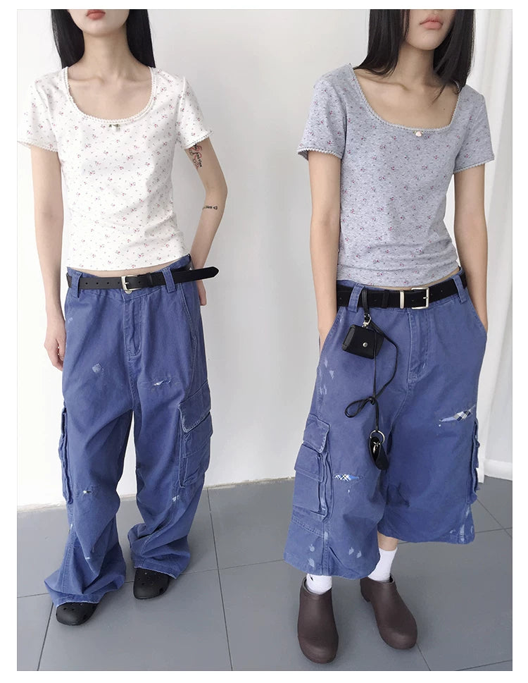 Distressed Splatter Print Wide-Leg Denim Shorts
