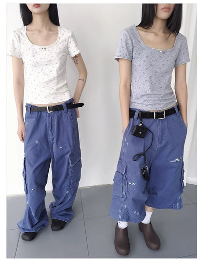 Distressed Splatter Print Wide-Leg Denim Shorts