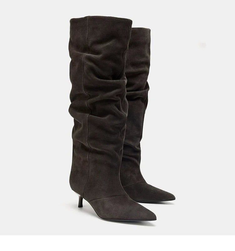 Women's Ruched Pointed Toe Kitten Heel Knee-High Boots