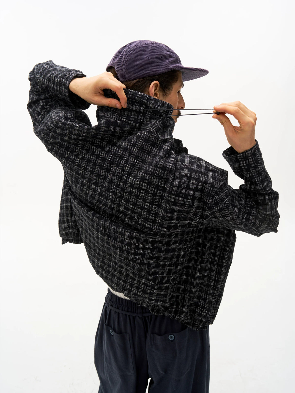 Textured Check Stand Collar Jacket in black