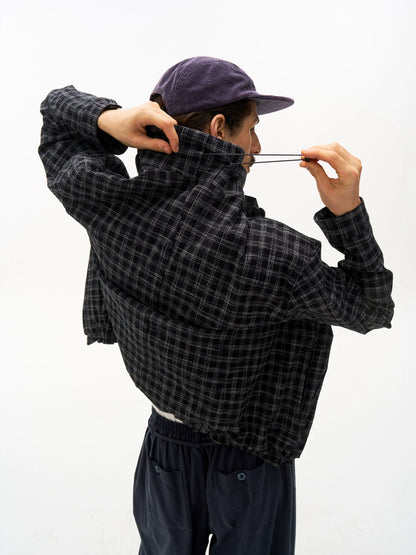 Textured Check Stand Collar Jacket in black