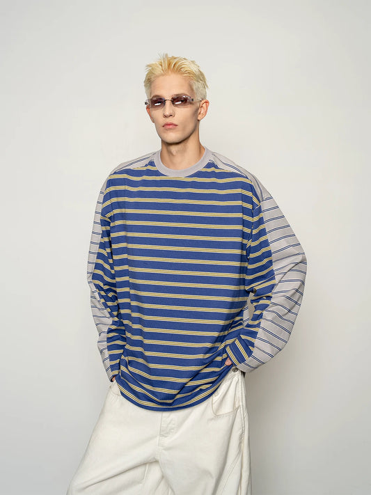 Blue and yellow striped long-sleeve T-shirt, front view on model