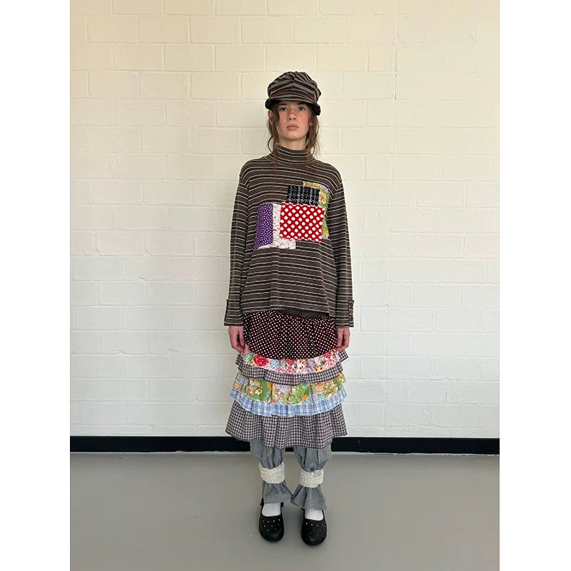 Brown Patchwork Stripe Long-Sleeve Top