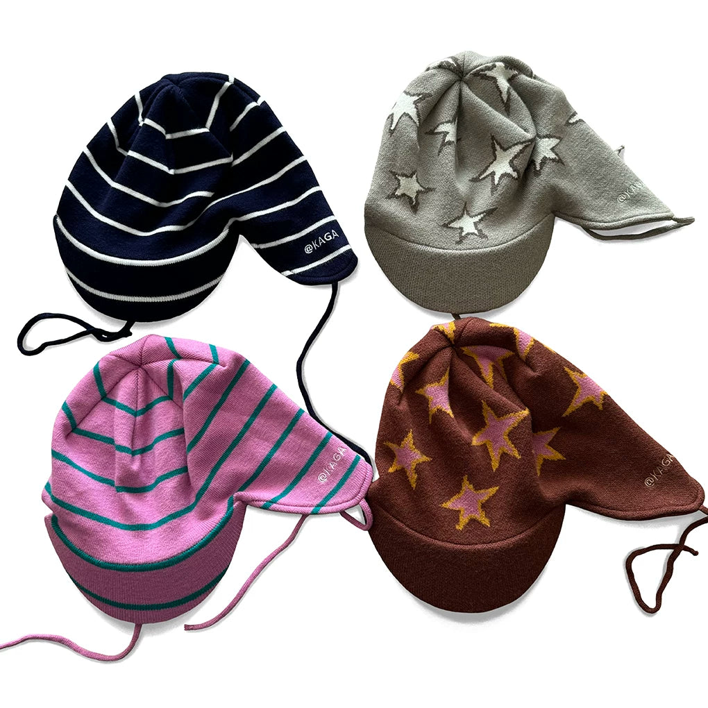 Star Print Earflap Beanie in Navy, Pink, Army Green and Dark Brown color