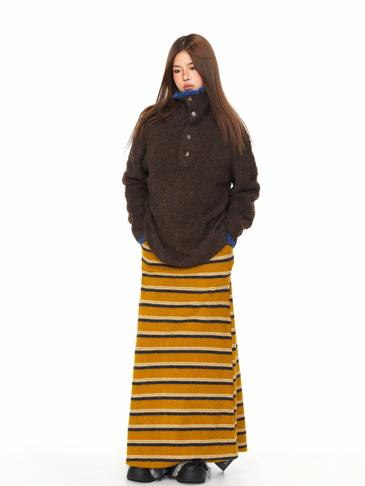 Mustard Striped Knit Midi Skirt in mustard yellow