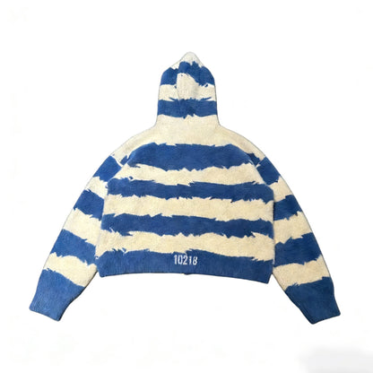 Blue and white striped hooded zip sweater, flat lay back view