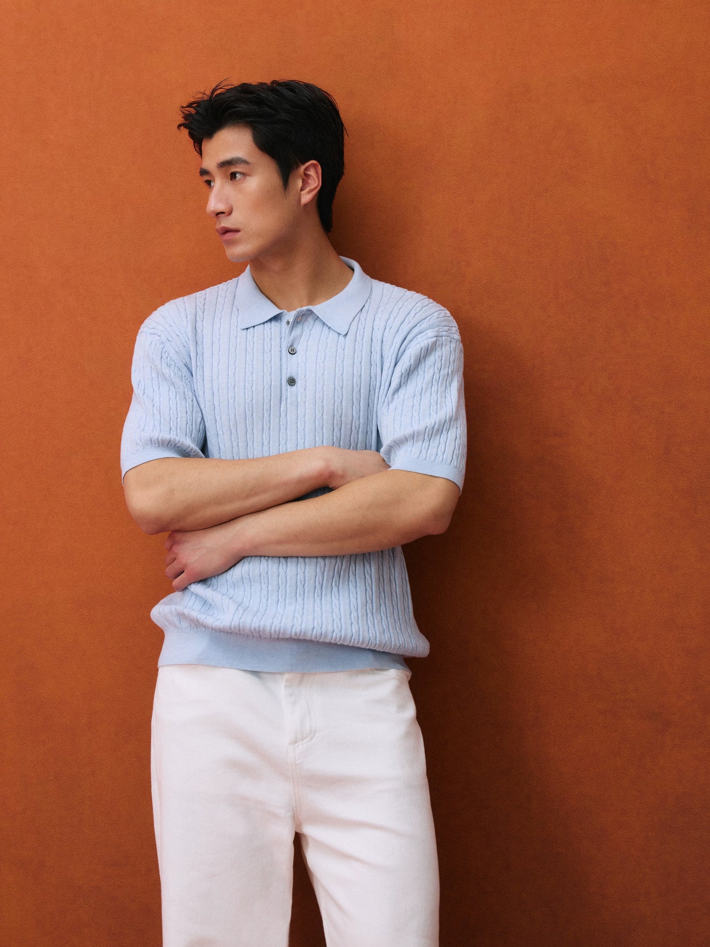 Relaxed Wool-Blend Cable Knit Polo Shirt