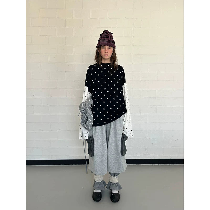 Star and Polka Dot Patchwork Long-Sleeve Top
