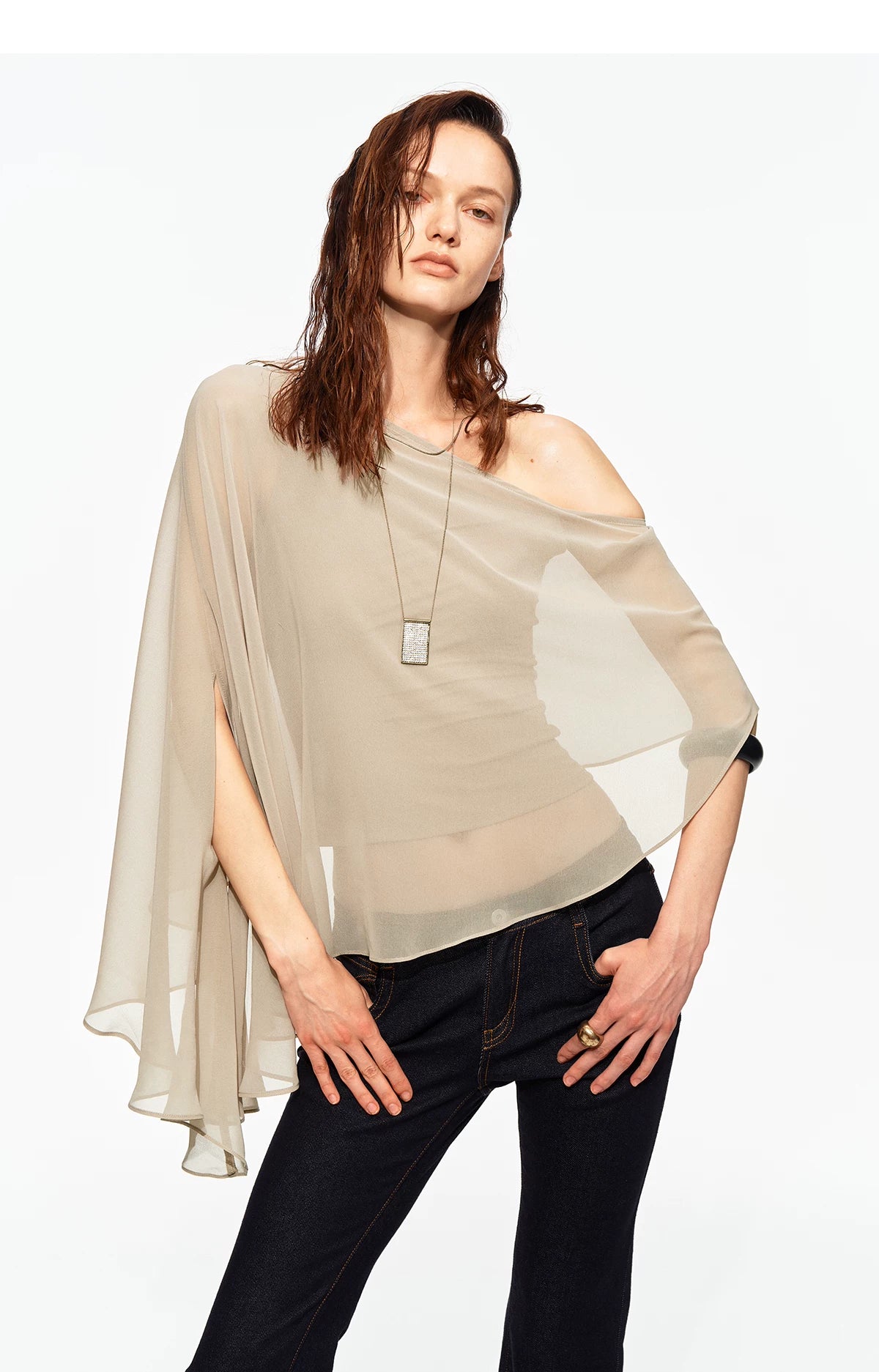 Matte Chiffon One-Shoulder Layered Cape Top