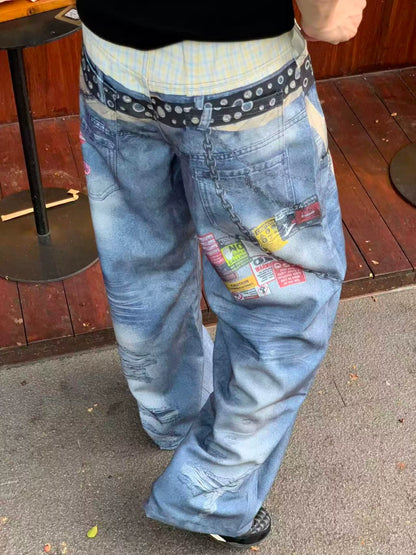 Light blue jeans, rear three-quarter view showing patch details
