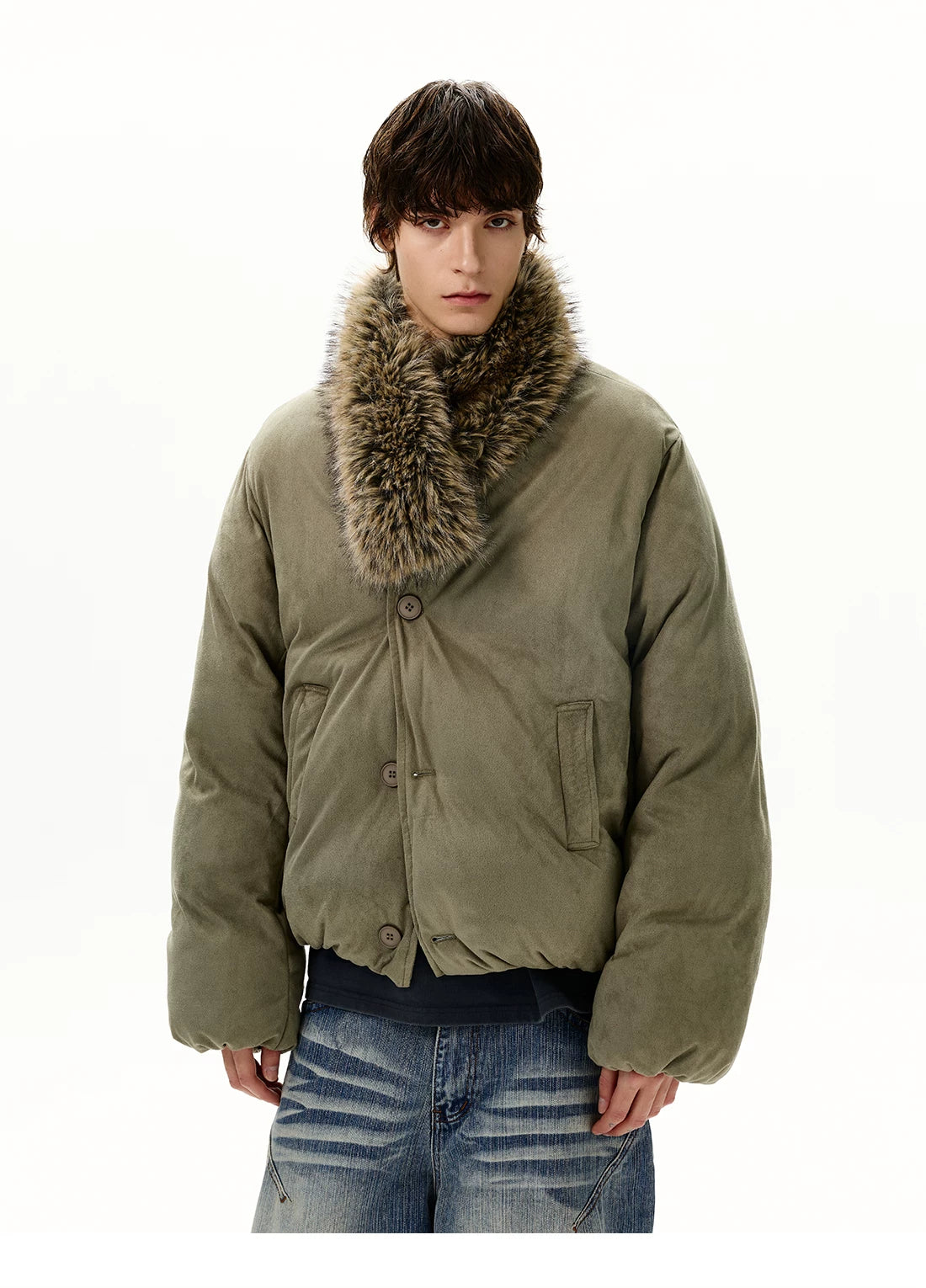Olive padded jacket with detachable shaggy collar, front view