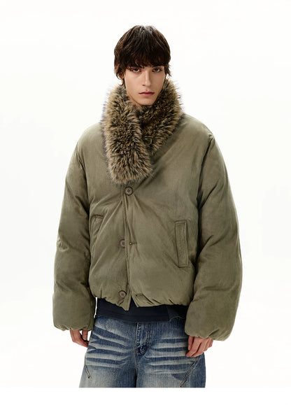 Olive padded jacket with detachable shaggy collar, front view