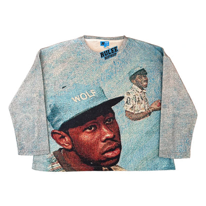 Front view of the portrait graphic long-sleeve top