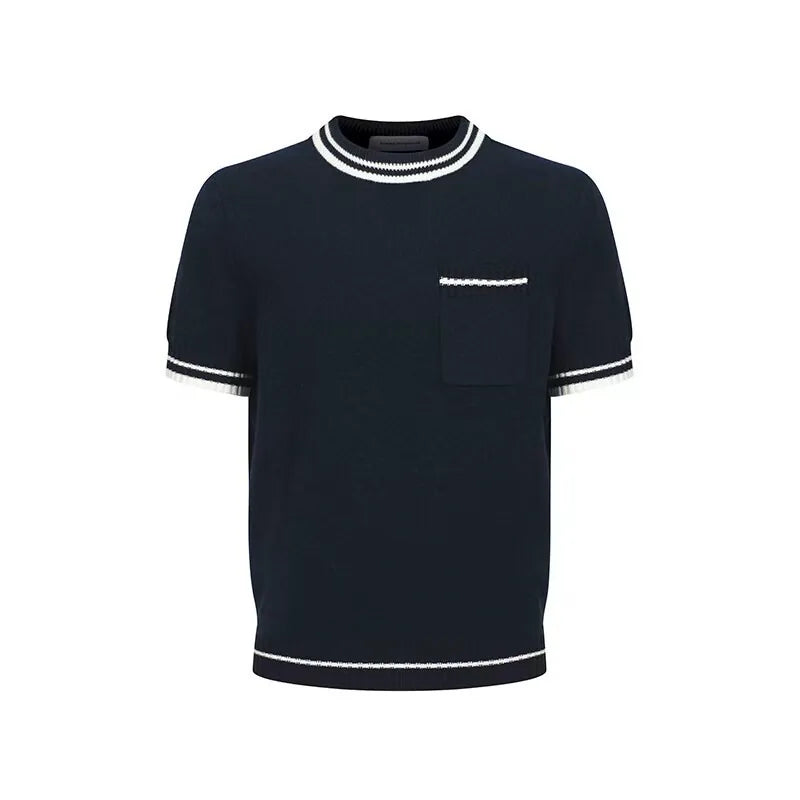 Contrast-Trim Knit Short-Sleeve Sweater