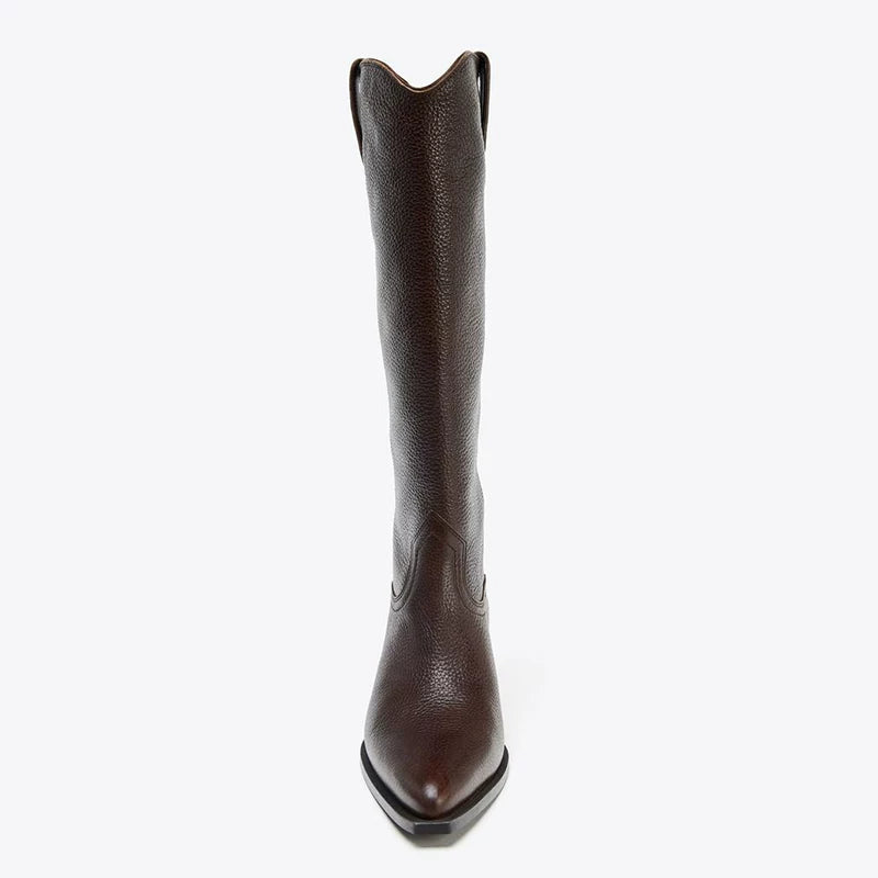Women's Leather Pointed Toe Western Knee-High Boots