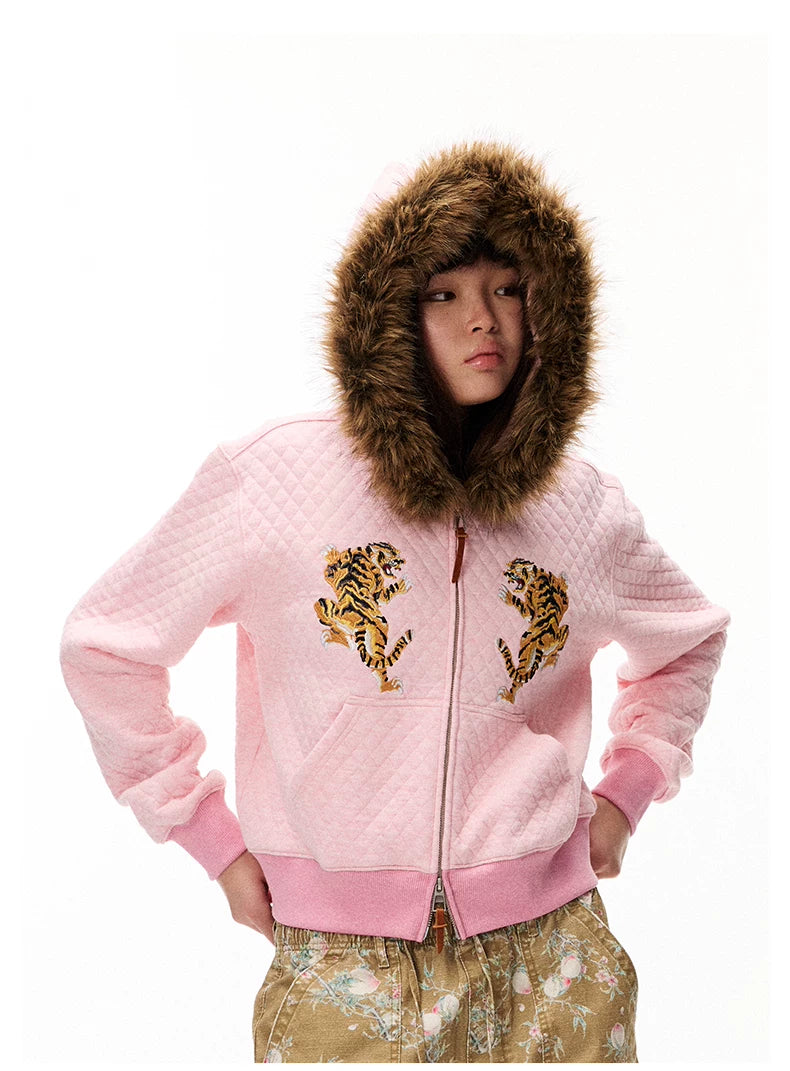 Tiger Embroidered Quilted Hooded Jacket