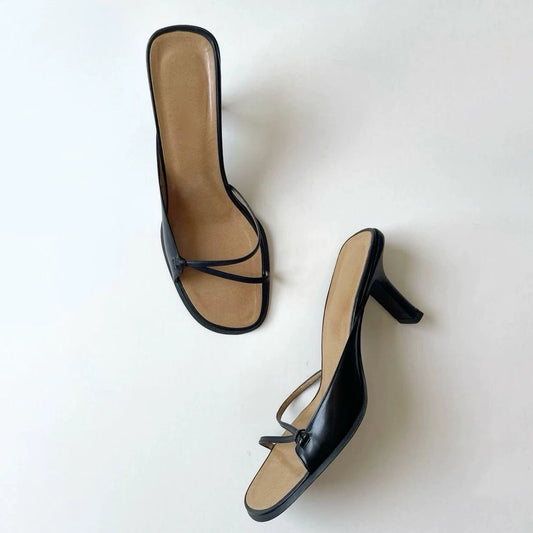 Women's Leather Square Toe Strappy Heeled Sandals