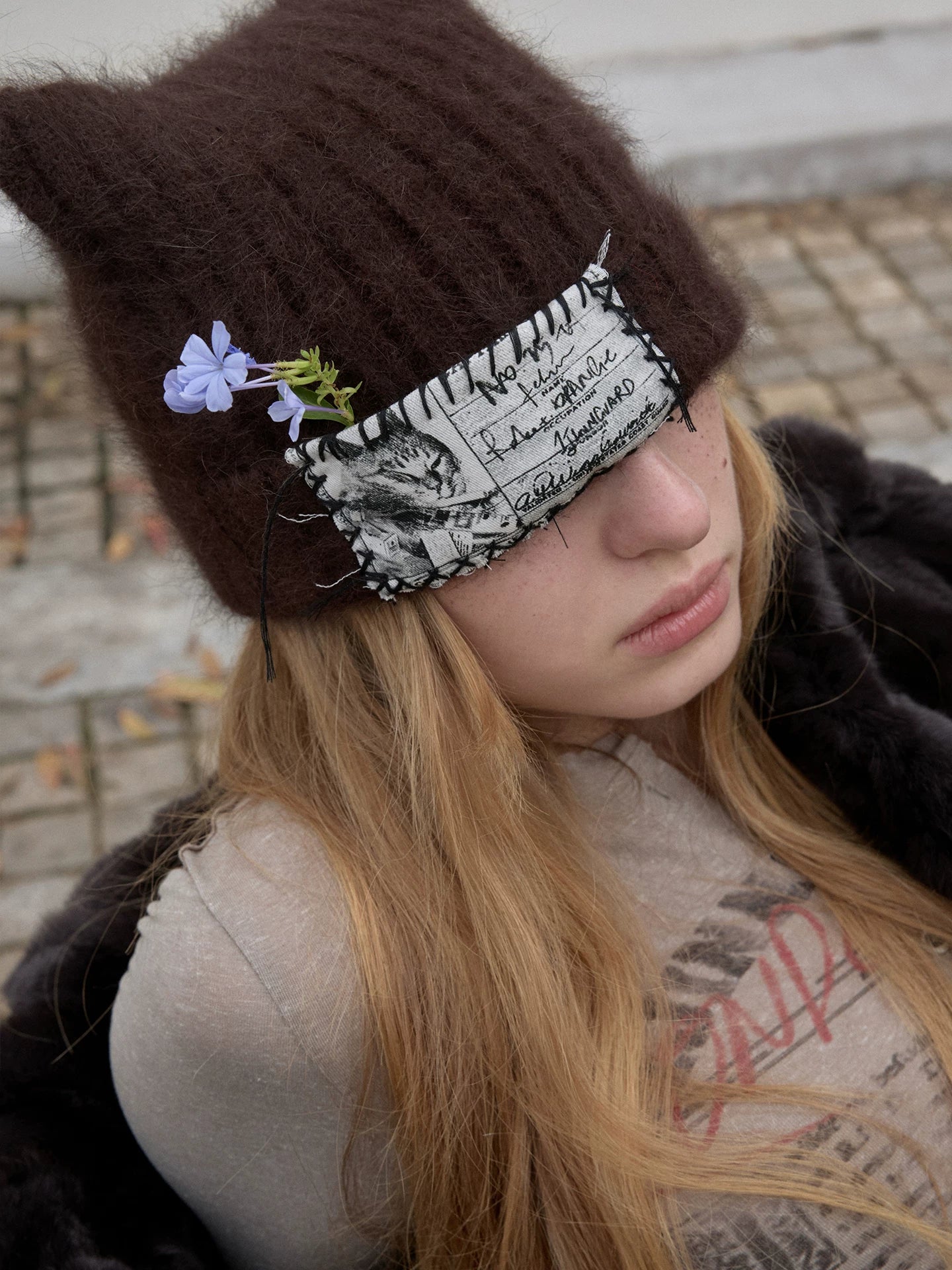 Cat Ear Faux Fur Knit Beanie with Hand-Sewn Label