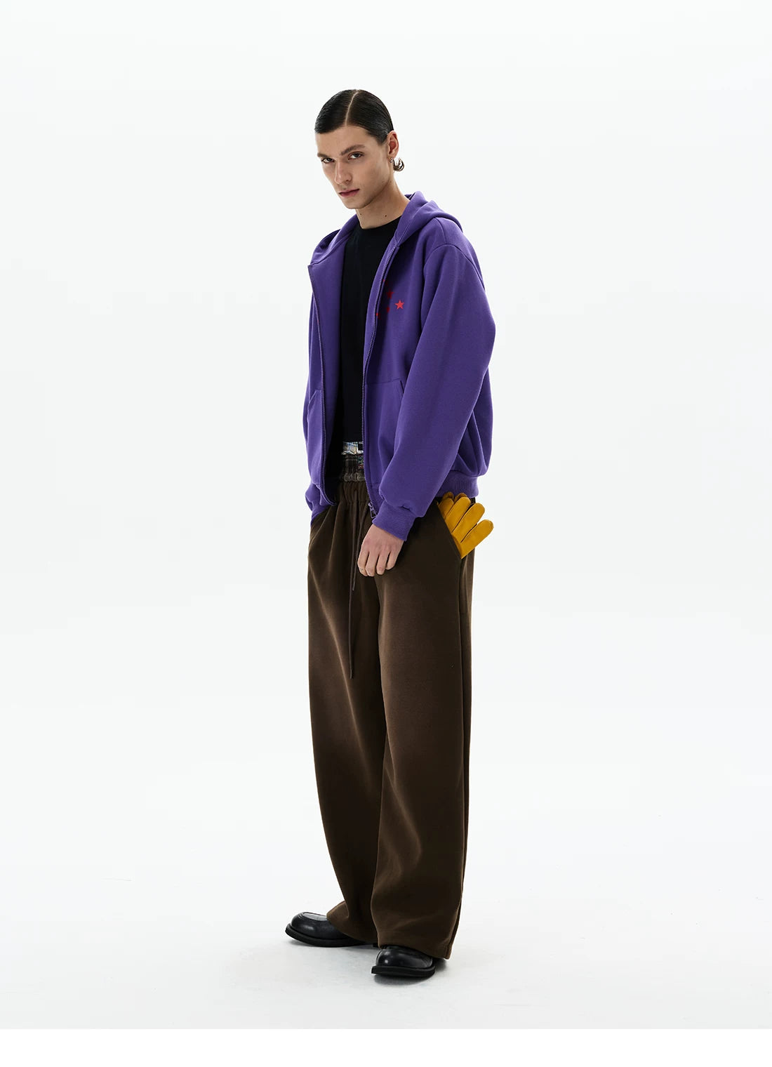 Purple hoodie, side view