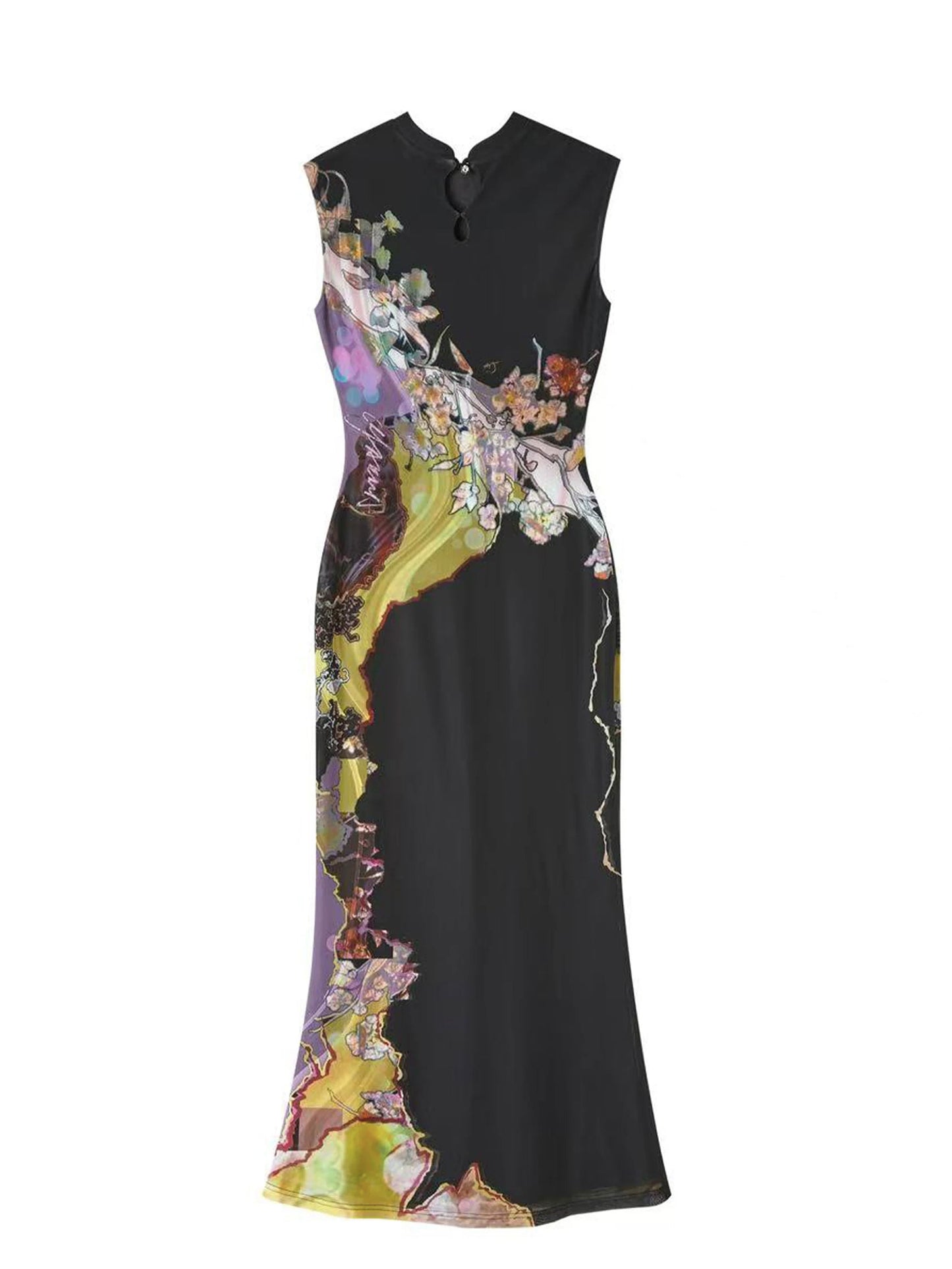 Contrast Print Reversible Qipao Dress