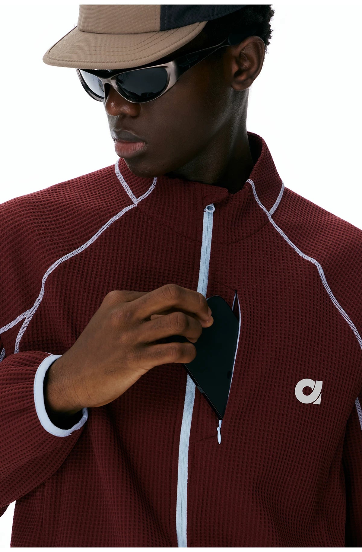 Navy jacket shown in two model views