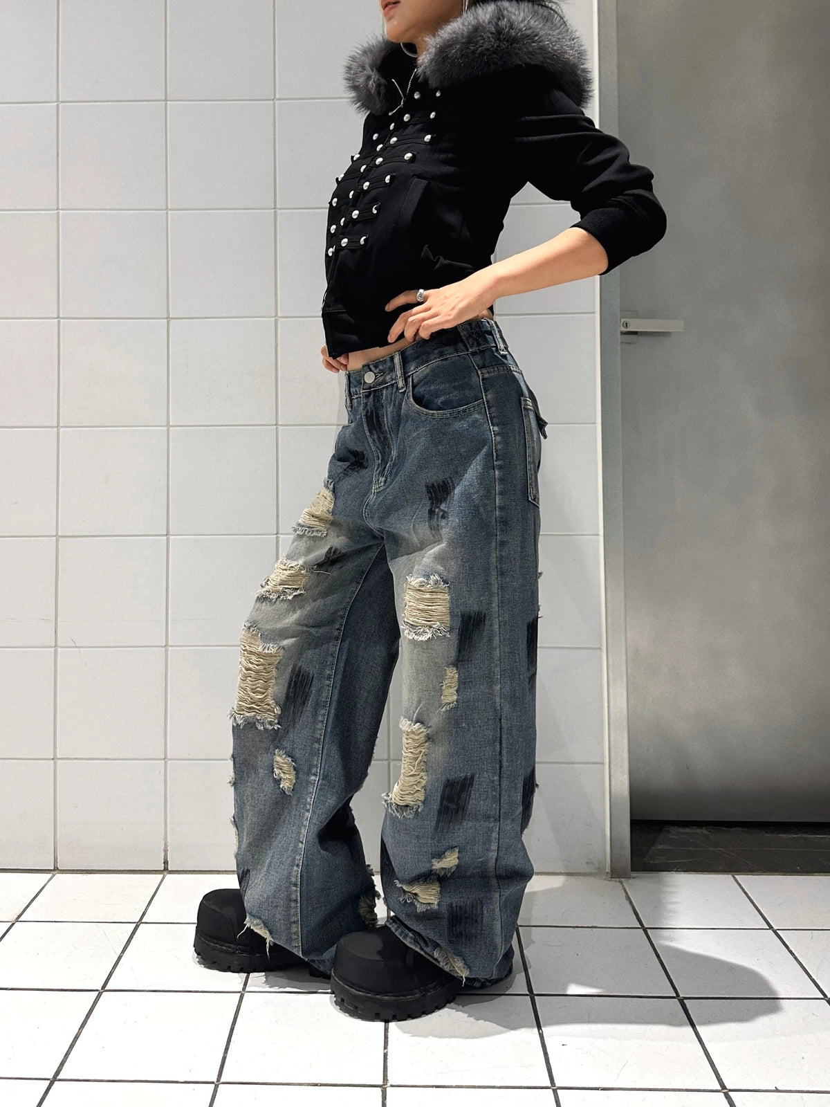 Distressed Wide-Leg Jeans