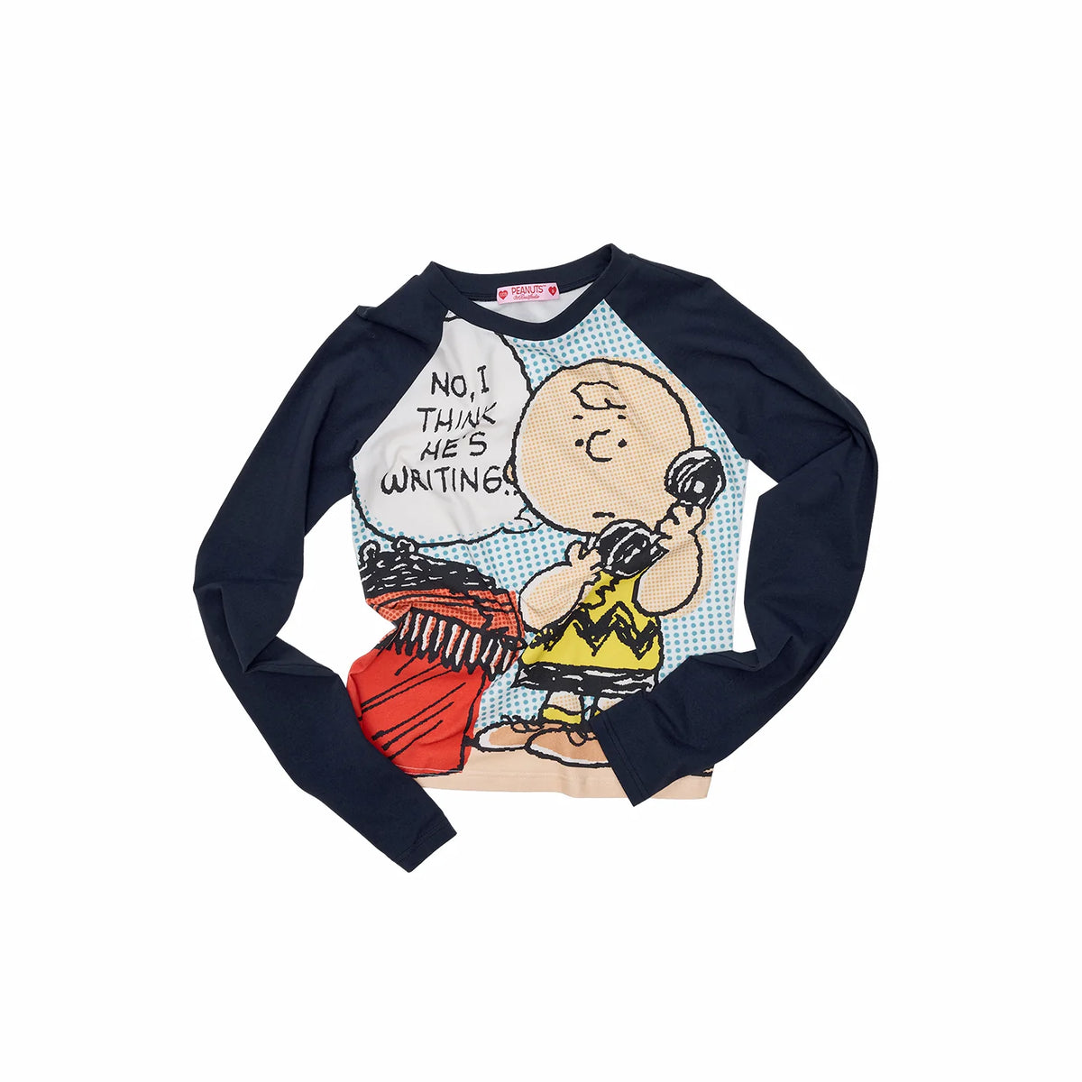 Navy raglan T-shirt with character print, flat lay