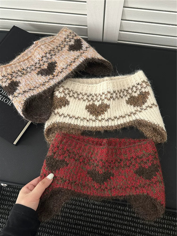 Heart Pattern Knit Earflap Headband product photo
