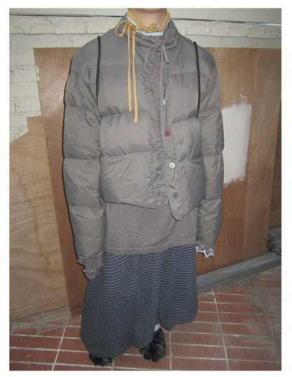 Grey Cropped Stand-Collar Down Jacket