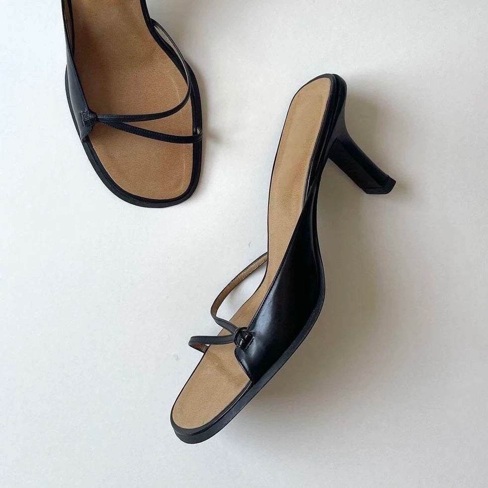 Women's Leather Square Toe Strappy Heeled Sandals
