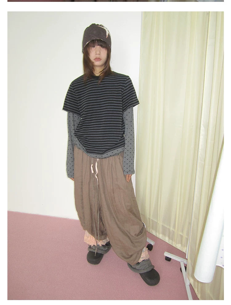 Grey Polka Dot Stripe Layered Long-Sleeve Tee