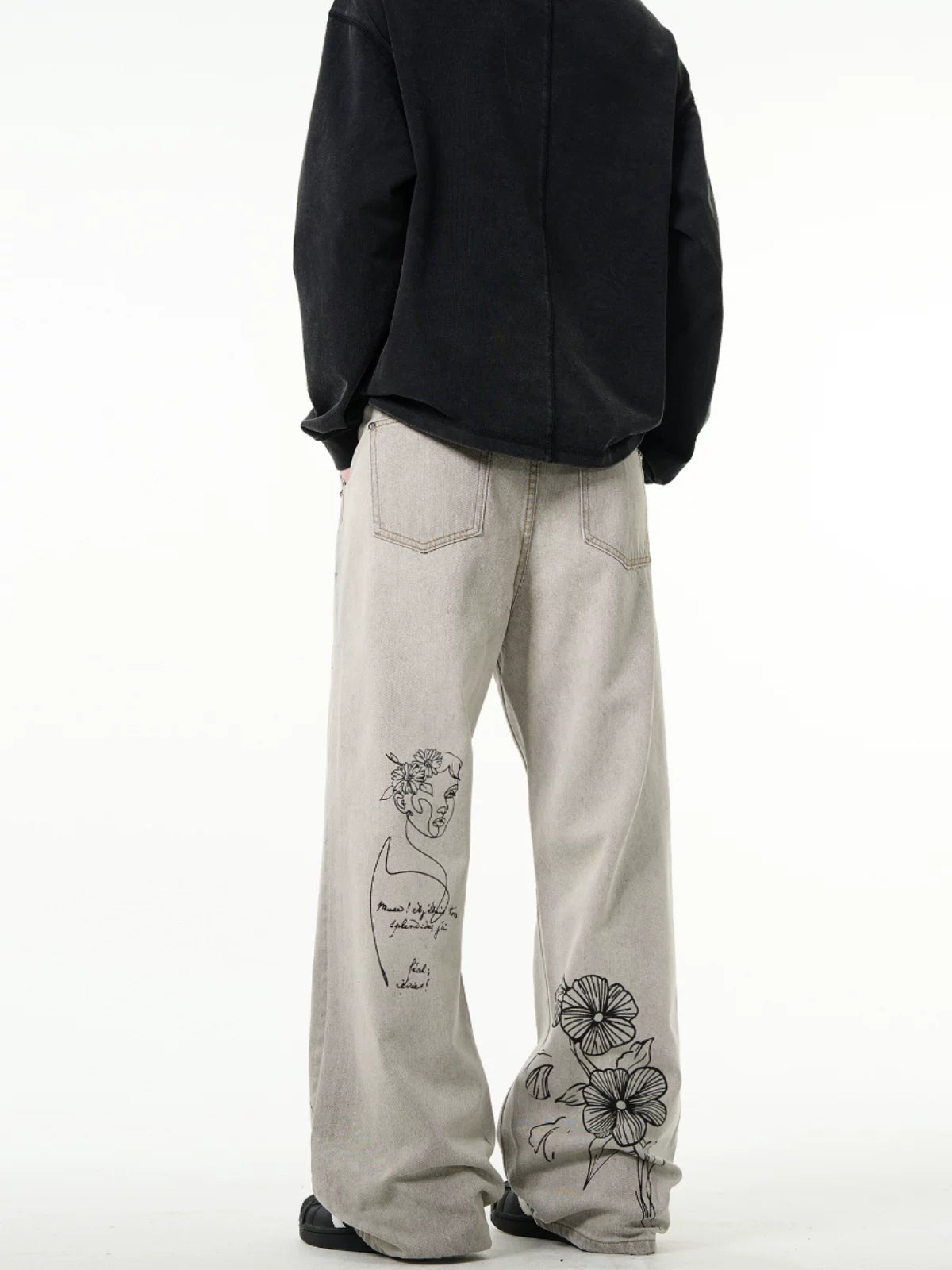 Graffiti Distressed Flared Denim Jeans