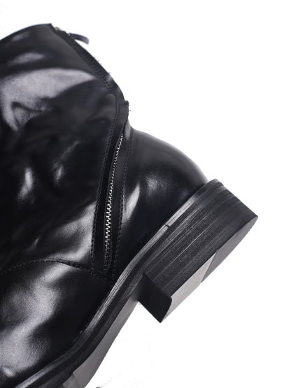 Black wrinkled leather ankle boots - zipper and heel detail