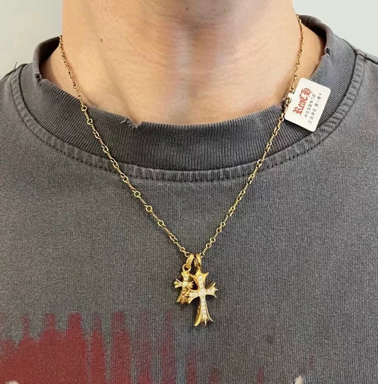 24K Gold-Plated Double Cross Crystal Necklace