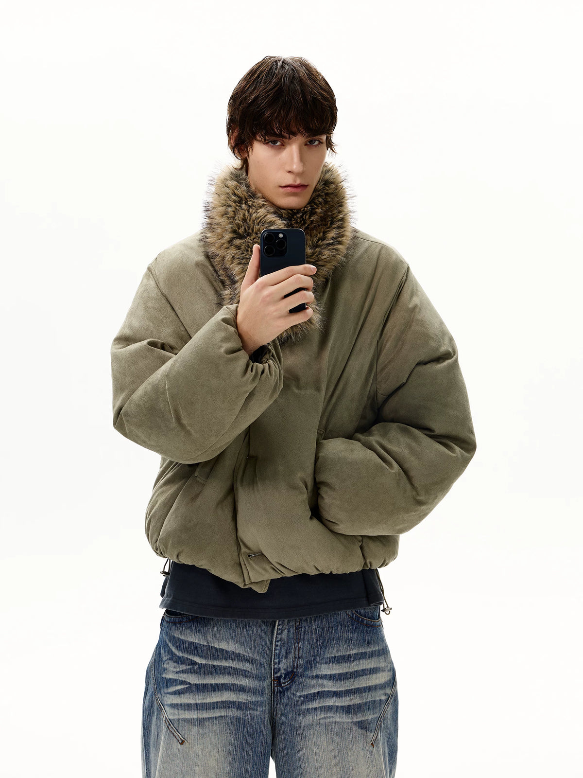 Olive padded jacket with detachable shaggy collar, front detail