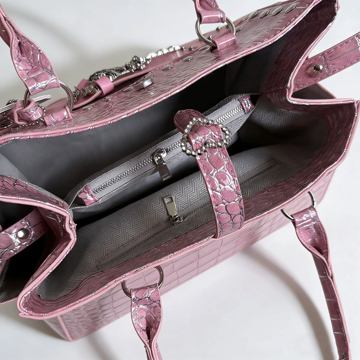 Pink Crocodile-Embossed Tote Bag detail 3