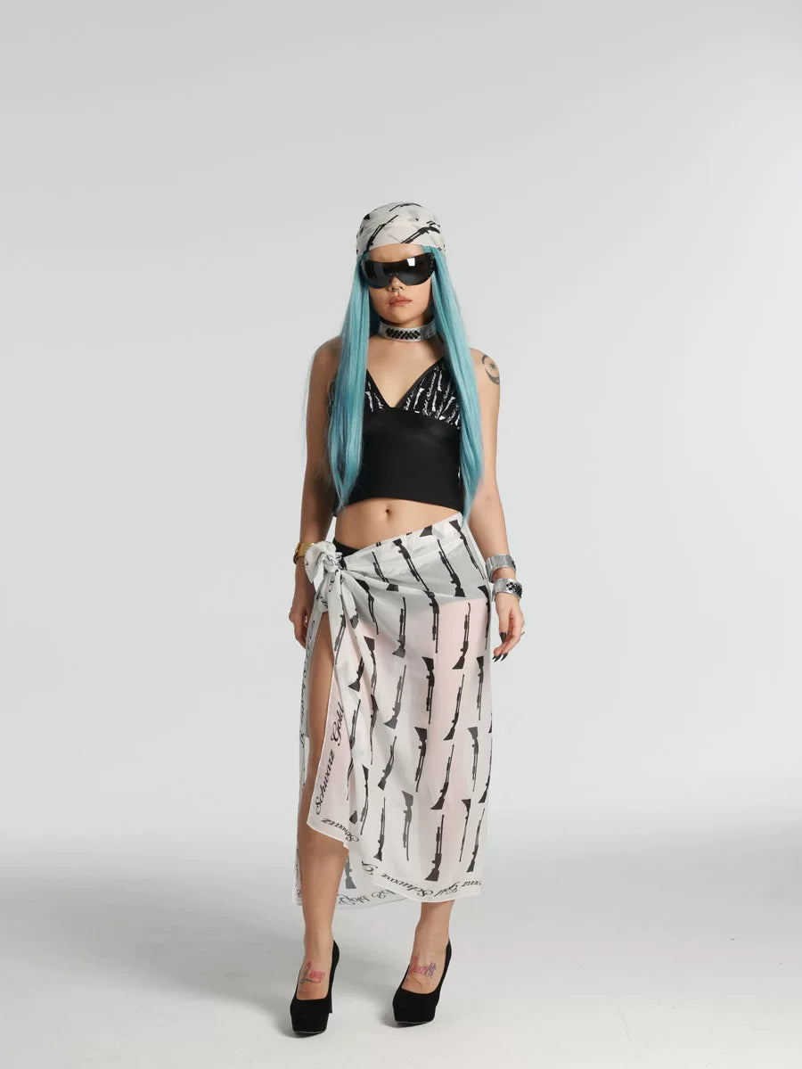 Black and White Rifle Print Multi-Way Scarf worn as a wrap skirt