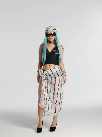 Black and White Rifle Print Multi-Way Scarf worn as a wrap skirt