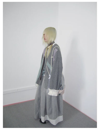 Grey Lace-Trim Ruffle Cuff Cardigan