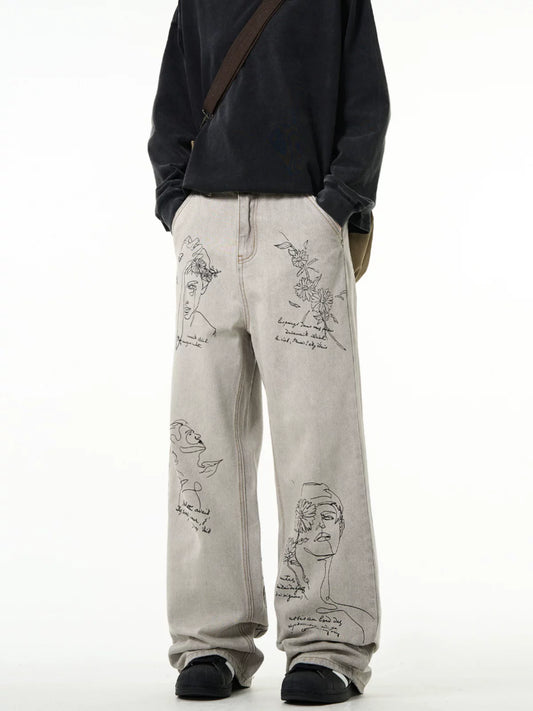 Graffiti Distressed Flared Denim Jeans