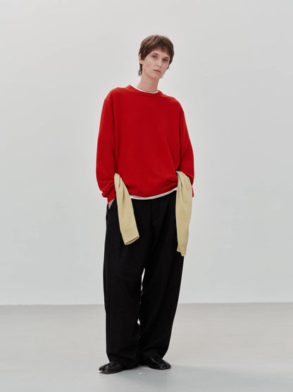 Wool cashmere crewneck sweater, model wearing red crewneck sweater
